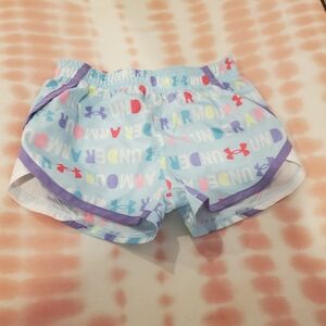 Under Armour 2t Light Blue Girls' Logo Print Athletic Shorts with Purple Trim
